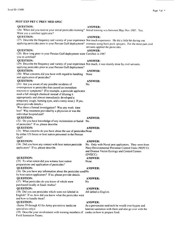   Lead Sheet #15800, Interview with 1st Marine Expeditionary Brigade preventive medicine technician, April 17, 1998.