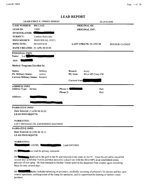   Lead Sheet #15805, Interview with 401st Military Police Camp preventive medicine specialist, April 20, 1998.