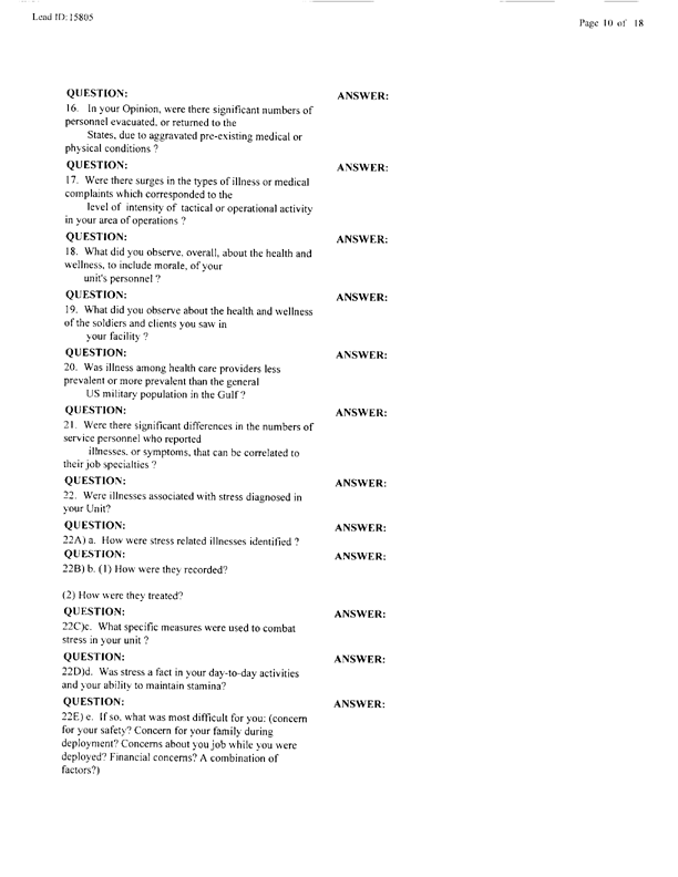   Lead Sheet #15805, Interview with 401st Military Police Camp preventive medicine specialist, April 20, 1998.