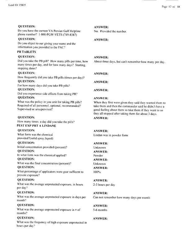   Lead Sheet #15805, Interview with 401st Military Police Camp preventive medicine specialist, April 20, 1998.