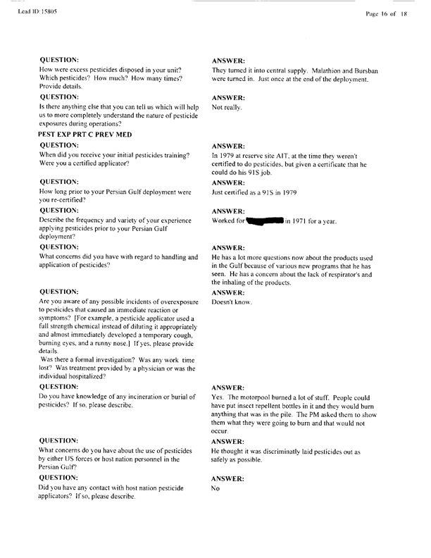   Lead Sheet #15805, Interview with 401st Military Police Camp preventive medicine specialist, April 20, 1998.