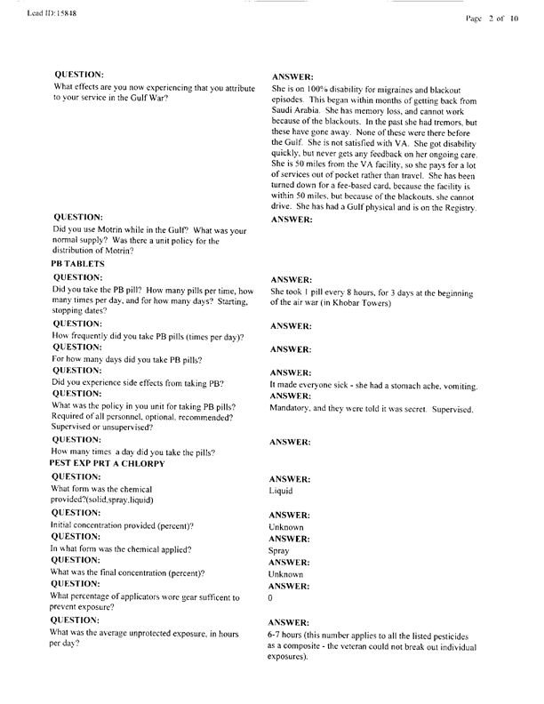   Lead Sheet #15848, Interview with 403rd Enemy Prisoner of War Camp preventive medicine specialist, April 7, 1998.