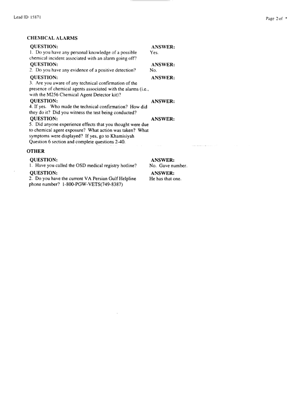   Lead Sheet #15871, Interview with 1st Marine Division preventive medicine technician, April 14, 1998.