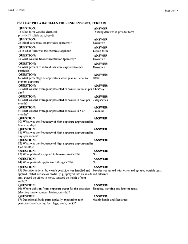   Lead Sheet #15871, Interview with 1st Medical Battalion preventive medicine technician, April 14, 1998.