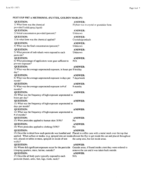   Lead Sheet #15871, Interview with 1st Marine Division preventive medicine technician, April 14, 1998.