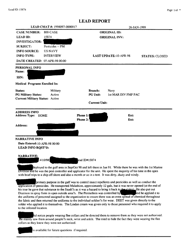   Lead Sheet #15874, Interview with 1st Marine Division preventive medicine technician, April 10, 1998.