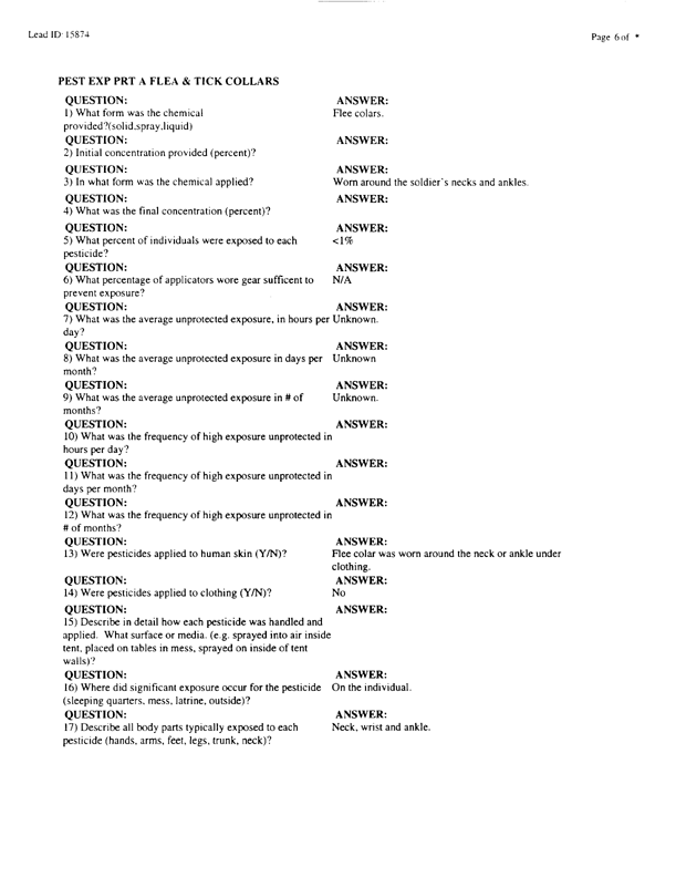  Lead Sheet #15874, Interview with 1st Marine Division preventive medicine technician, April 10, 1998.