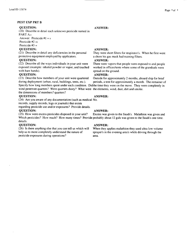   Lead Sheet #15874, Interview with 1st Marine Division preventive medicine technician, April 10, 1998.