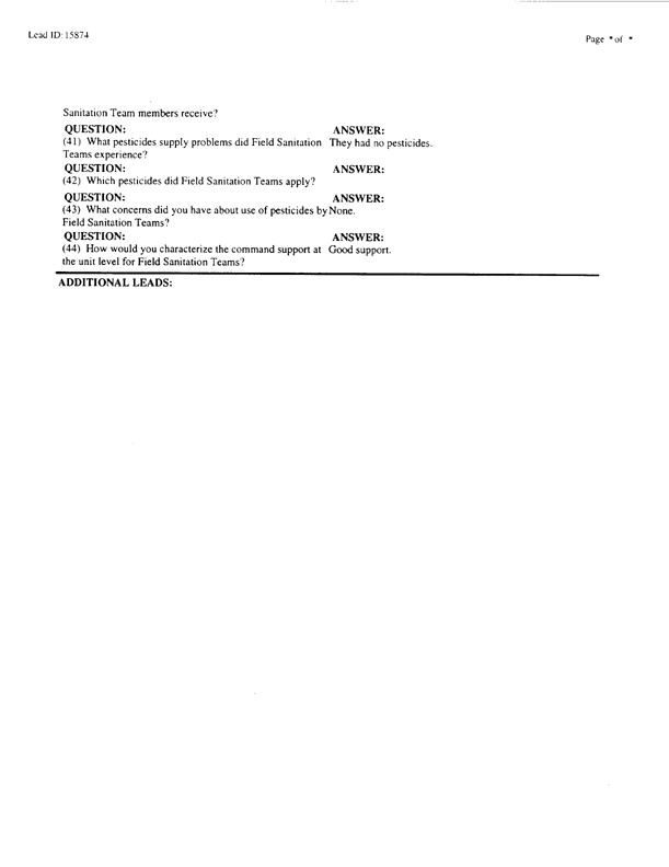  Lead Sheet #15874, Interview with 1st Marine Division preventive medicine technician, April 10, 1998.