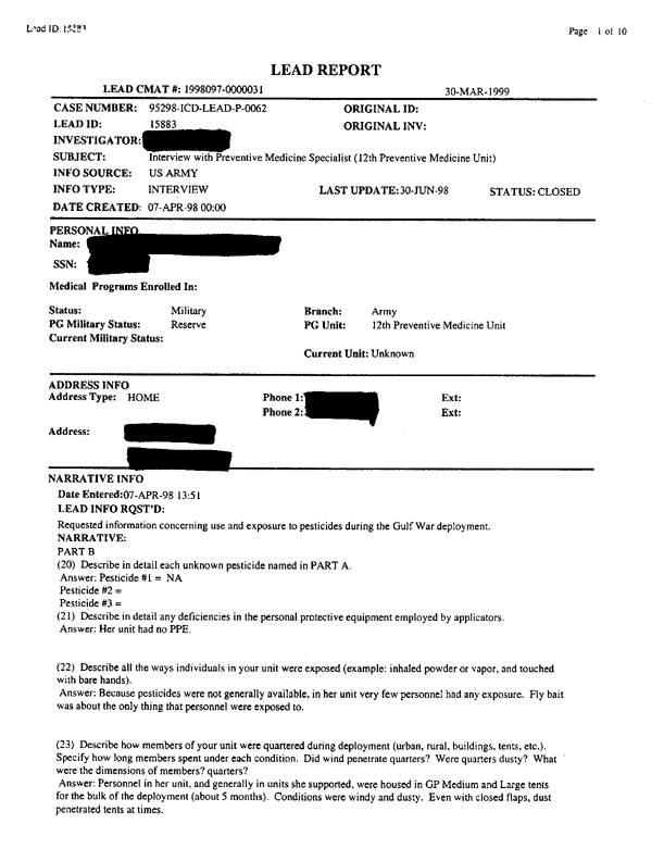 Lead Sheet #15883, Interview with 12th Medical Detachment preventive medicine specialist, April 7, 1998.