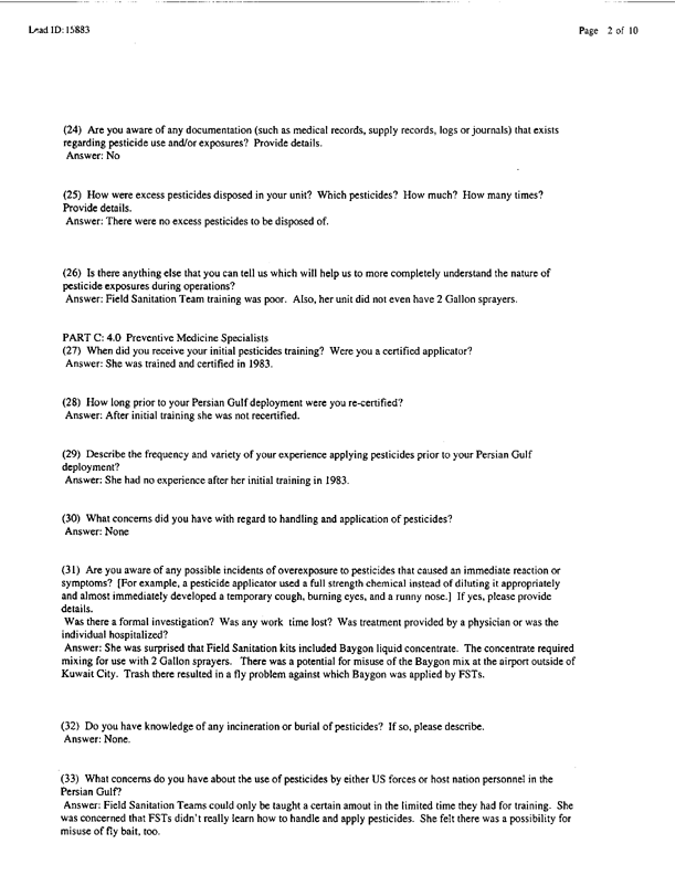 Lead Sheet #15883, Interview with 12th Medical Detachment preventive medicine specialist, April 7, 1998.