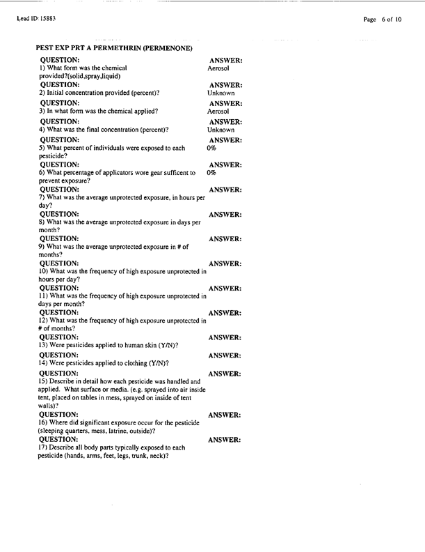 Lead Sheet #15883, Interview with 12th Medical Detachment preventive medicine specialist, April 7, 1998.