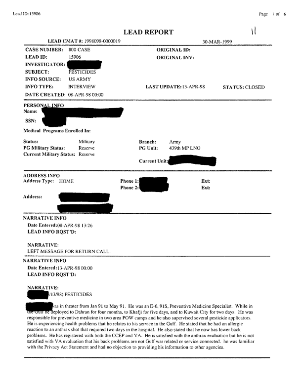 Lead Sheet #15906, Interview with 439th Military Police EPW Camp Advisory Detachment preventive medicine NCO, April 13, 1998;