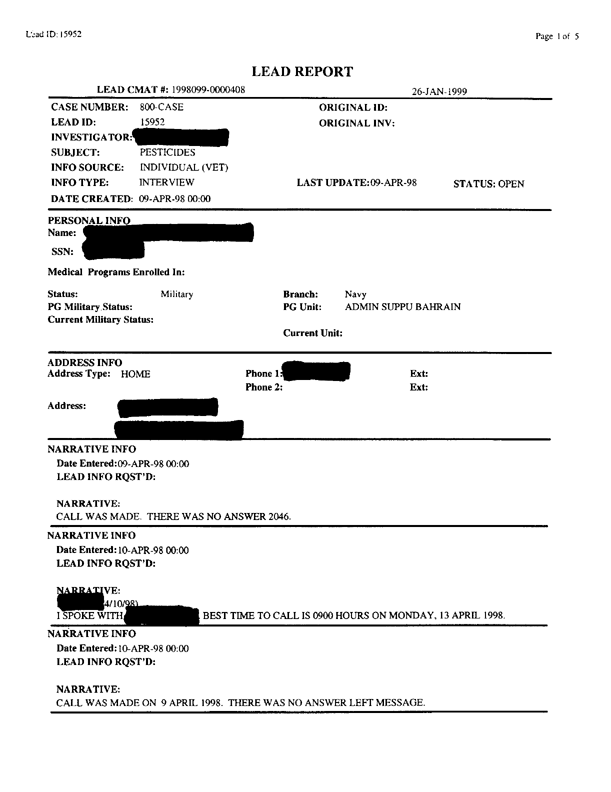   Lead Sheet #15952, Interview with Navy preventive medicine technician, April 13, 1998.