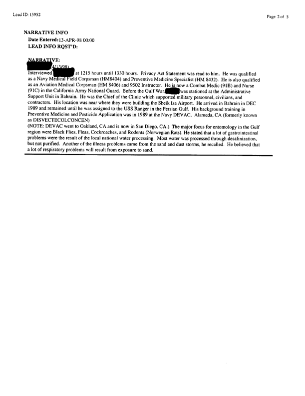   Lead Sheet #15952, Interview with Navy preventive medicine technician, April 13, 1998.
