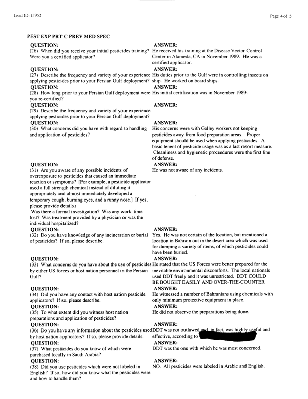   Lead Sheet #15952, Interview with Navy preventive medicine technician, April 13, 1998.
