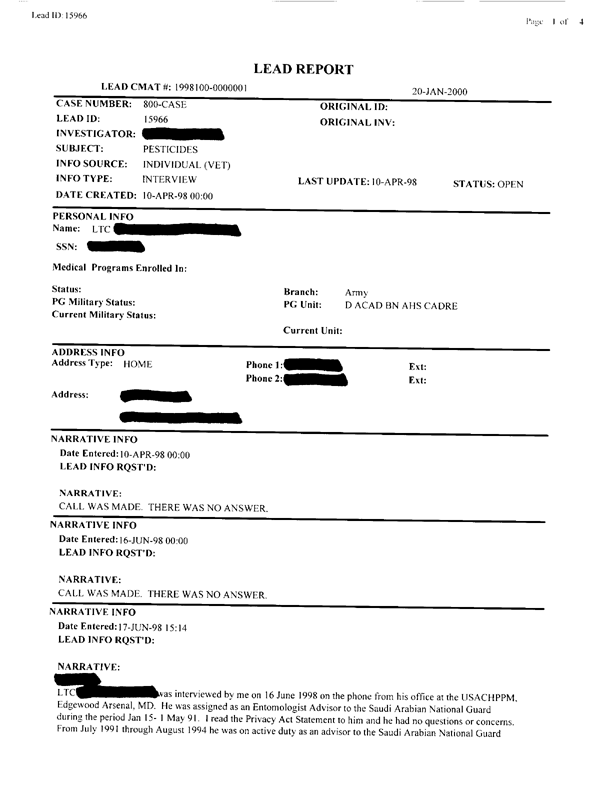   Lead Sheet #15966, Interview with US Army environmental science officer assigned as an advisor to the Saudi Arabian National Guard, June 16, 1998.