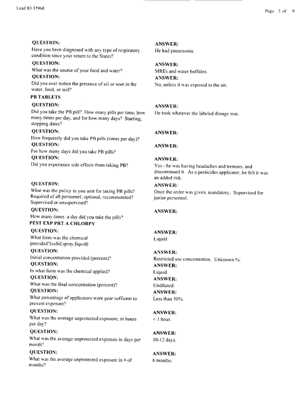   Lead Sheet #15968, Interview with 1st Marine Division preventive medicine technician, April 10, 1998.