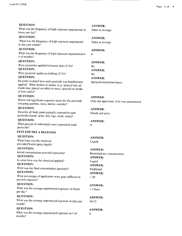   Lead Sheet #15968, Interview with 1st Marine Division preventive medicine technician, April 10, 1998.