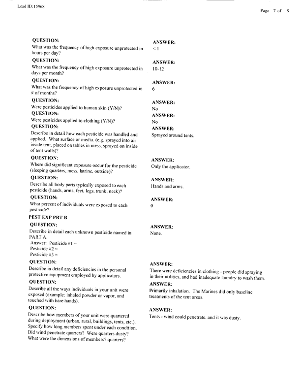   Lead Sheet #15968, Interview with 1st Marine Division preventive medicine technician, April 10, 1998.