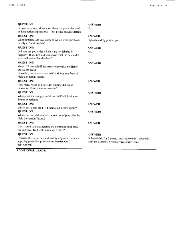   Lead Sheet #15968, Interview with 1st Marine Division preventive medicine technician, April 10, 1998.