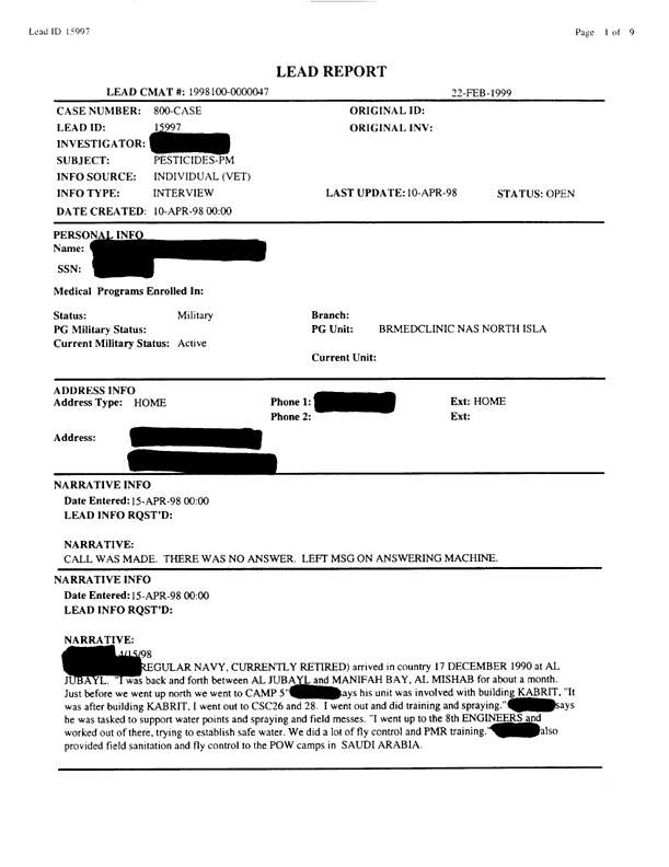   Lead Sheet #15997, Interview with 2nd Medical Battalion preventive medicine technician, April 15, 1998.
