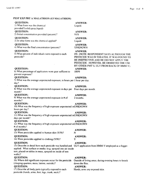   Lead Sheet #15997, Interview with 2nd Medical Battalion preventive medicine technician, April 15, 1998.