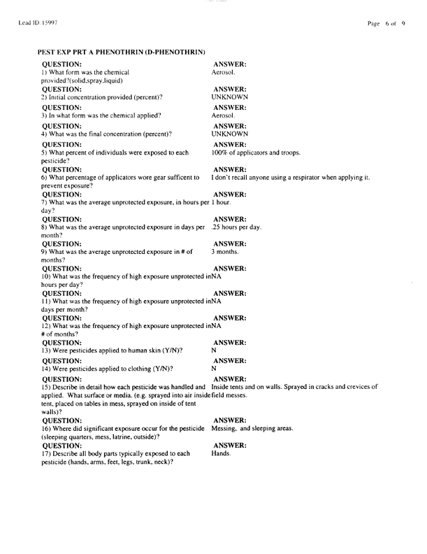   Lead Sheet #15997, Interview with 2nd Medical Battalion preventive medicine technician, April 15, 1998.