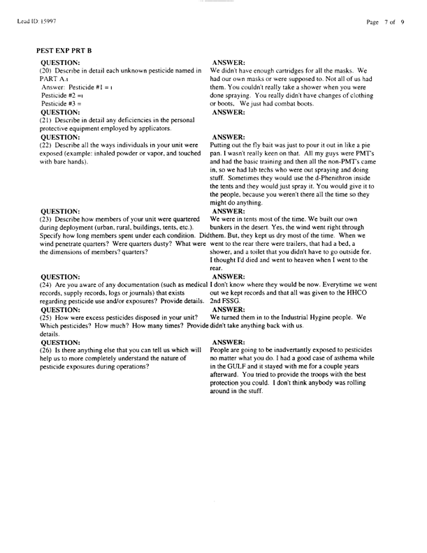  Lead Sheet #15997, Interview with 2nd Medical Battalion preventive medicine technician, April 15, 1998.