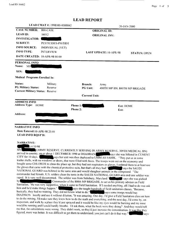    Lead Sheet #16012, Interview with 400th MP Battalion preventive medicine specialist, April 10, 1998.