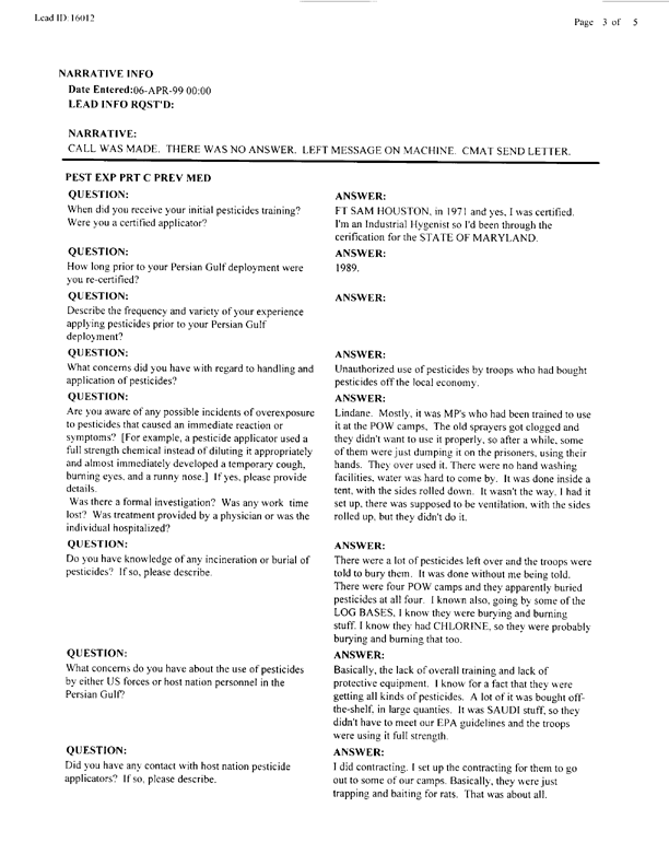    Lead Sheet #16012, Interview with 400th MP Battalion preventive medicine specialist, April 10, 1998.