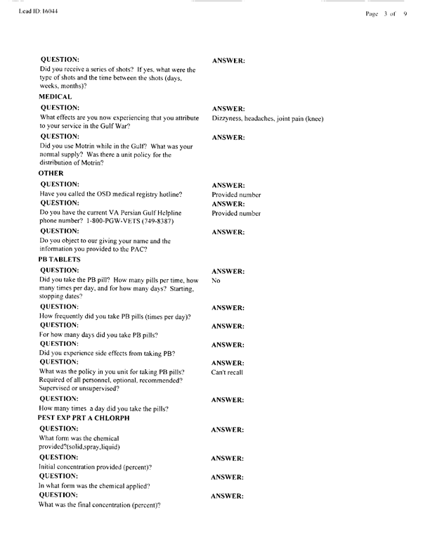 Lead Sheet #16044, Interview with 24 ID 724th CS Battalion preventive medicine specialist, April 14, 1998.