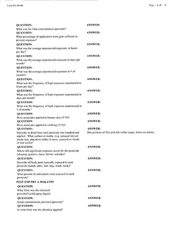   Lead Sheet #16048, Interview with 2nd Medical Battalion Navy entomologist, August 20, 1998.