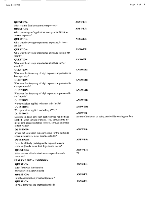   Lead Sheet #16048, Interview with 2nd Medical Battalion Navy entomologist, August 20, 1998.