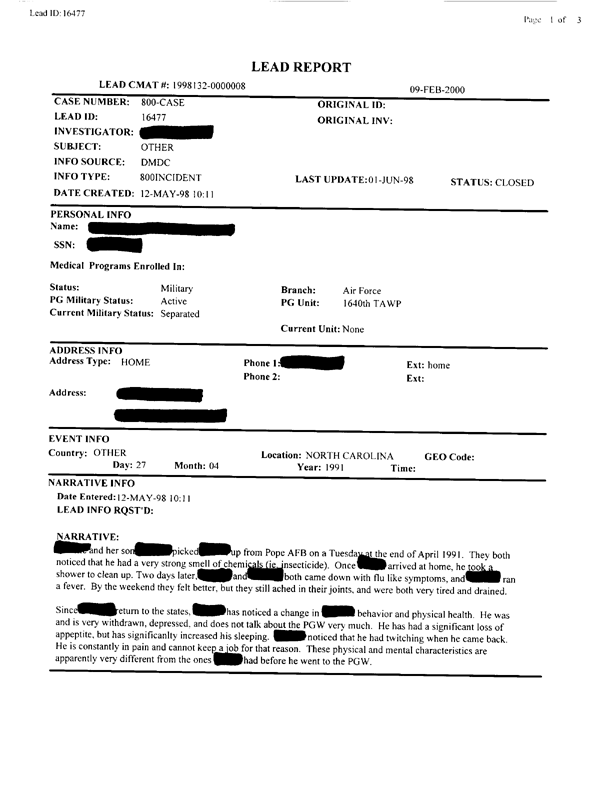   Lead Sheet #16477, Interview with 1640th TAWP airman, July 12, 1998.