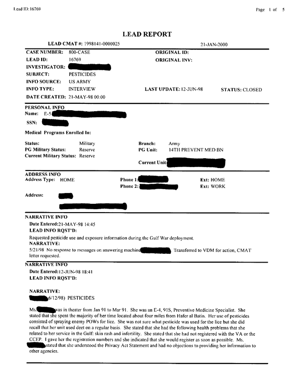  Lead Sheet #16769, Interview with 14th Medical Detachment preventive medicine specialist, June 12, 1998.