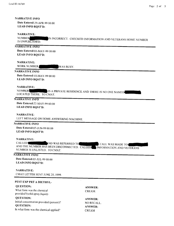   Lead Sheet #16769, Interview with 14th Medical Detachment preventive medicine specialist, June 12, 1998.