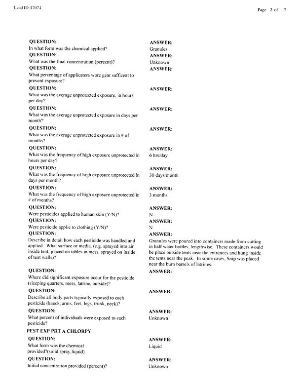   Lead Sheet #17074, Interview with 2nd Medical Battalion entomologist, June 5, 1998.