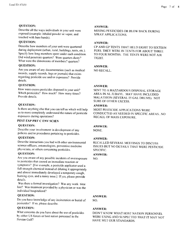   Lead Sheet #17155, Interview with 2nd Medical Battalion  entomologist, January 6, 1998.