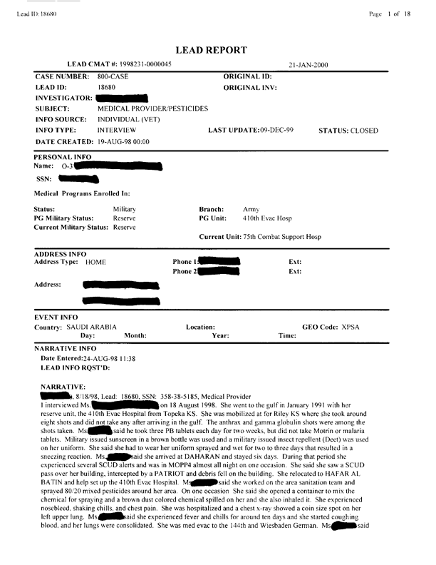 Lead Sheet 18680, Interview with Army member, January 12, 2000.