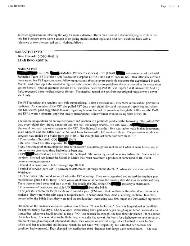 Lead Sheet 18680, Interview with Army member, January 12, 2000.