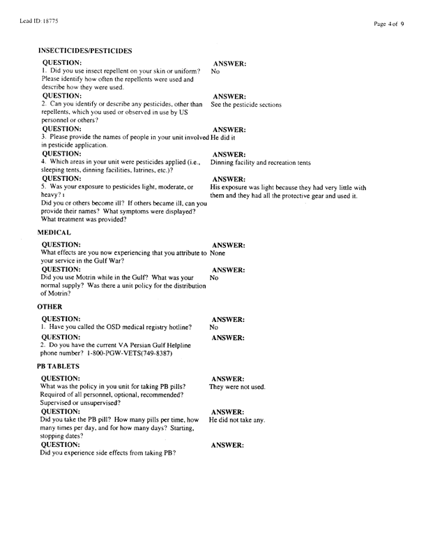   Lead Sheet #18775, Interview with 2849th Civil Engineering Squadron Minhad Air Base, United Arab Emirates pest controller, August 25, 1998.