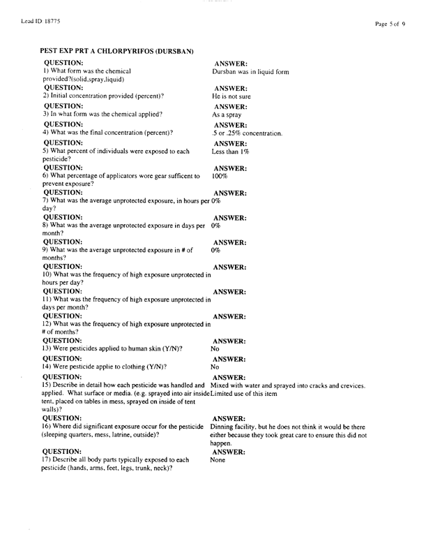   Lead Sheet #18775, Interview with 2849th Civil Engineering Squadron Minhad Air Base, United Arab Emirates pest controller, August 25, 1998.