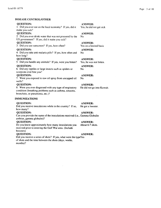   Lead Sheet #18779, Interview with 4th Civil Engineering Squadron Al Kharj Airport pest controller, August 25, 1998.