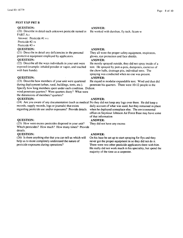   Lead Sheet #18779, Interview with 4th Civil Engineering Squadron Al Kharj Airport pest controller, August 25, 1998.