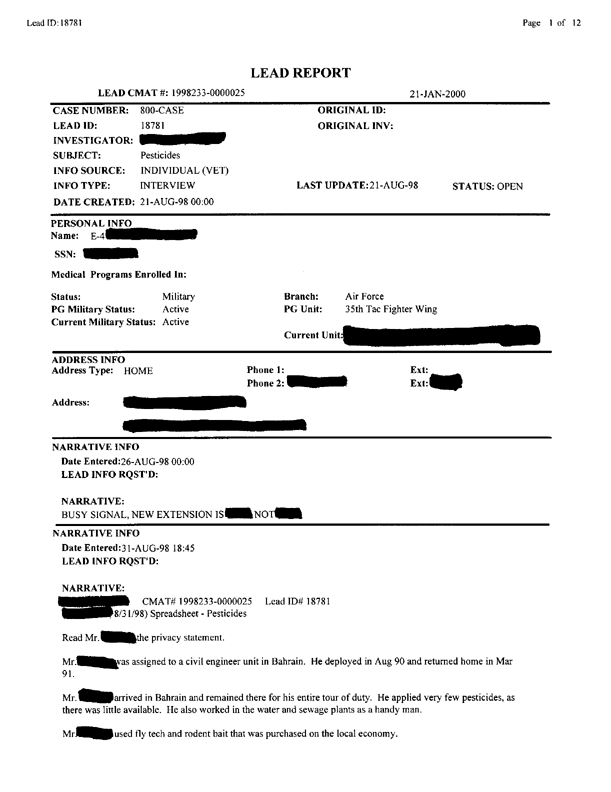 Lead Sheet #18781, Interview with 35th Tactical Fighter Wing pest controller, August 21, 1998