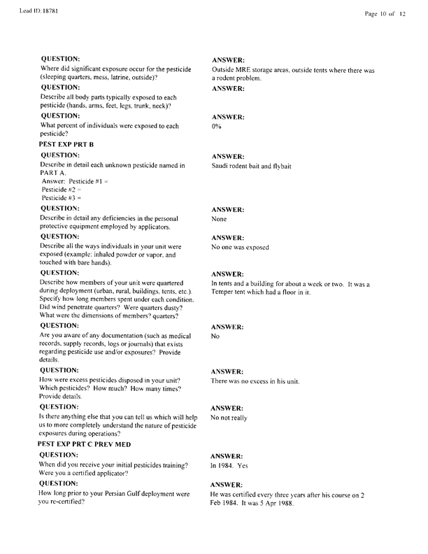   Lead Sheet #18781, Interview with 35th Tactical Fighter Wing pest controller, August 31, 1998.