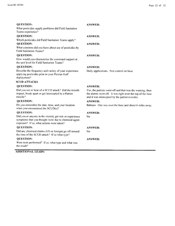   Lead Sheet #18781, Interview with 35th Tactical Fighter Wing pest controller, August 31, 1998.