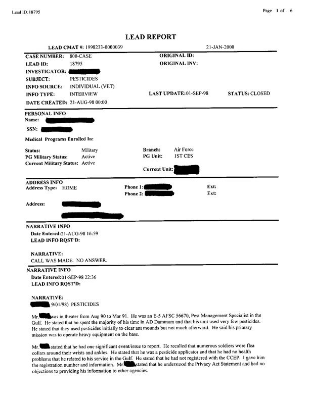   Lead Sheet #18795, Interview with 1st Civil Engineering Squadron Dhahran International Airport pest controller, September 1, 1998.