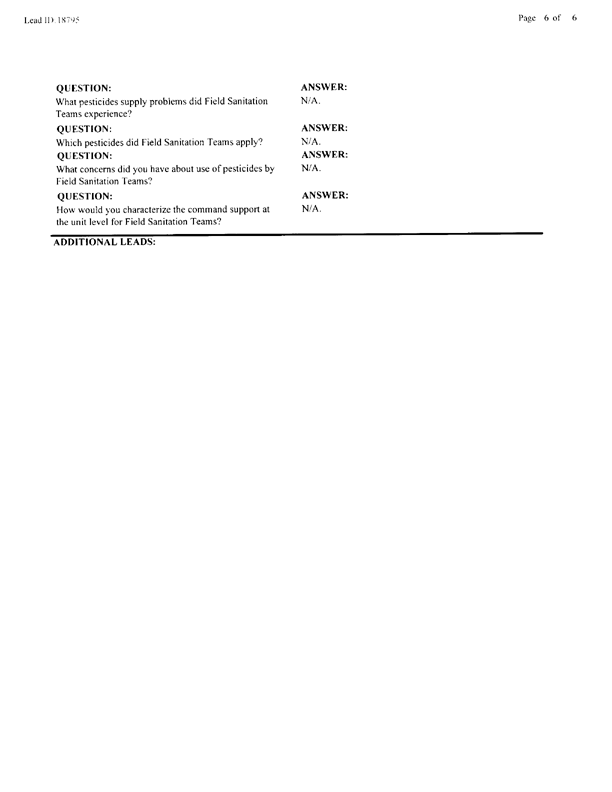   Lead Sheet #18795, Interview with 1st Civil Engineering Squadron Dhahran International Airport pest controller, September 1, 1998.